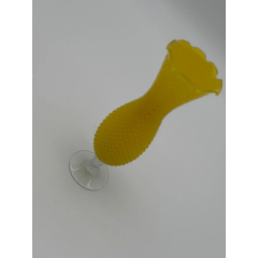 Vintage Yellow Satin Hobnail Glass Bud Vase Clear Twisted Stem‎ Ruffled Rim 10in